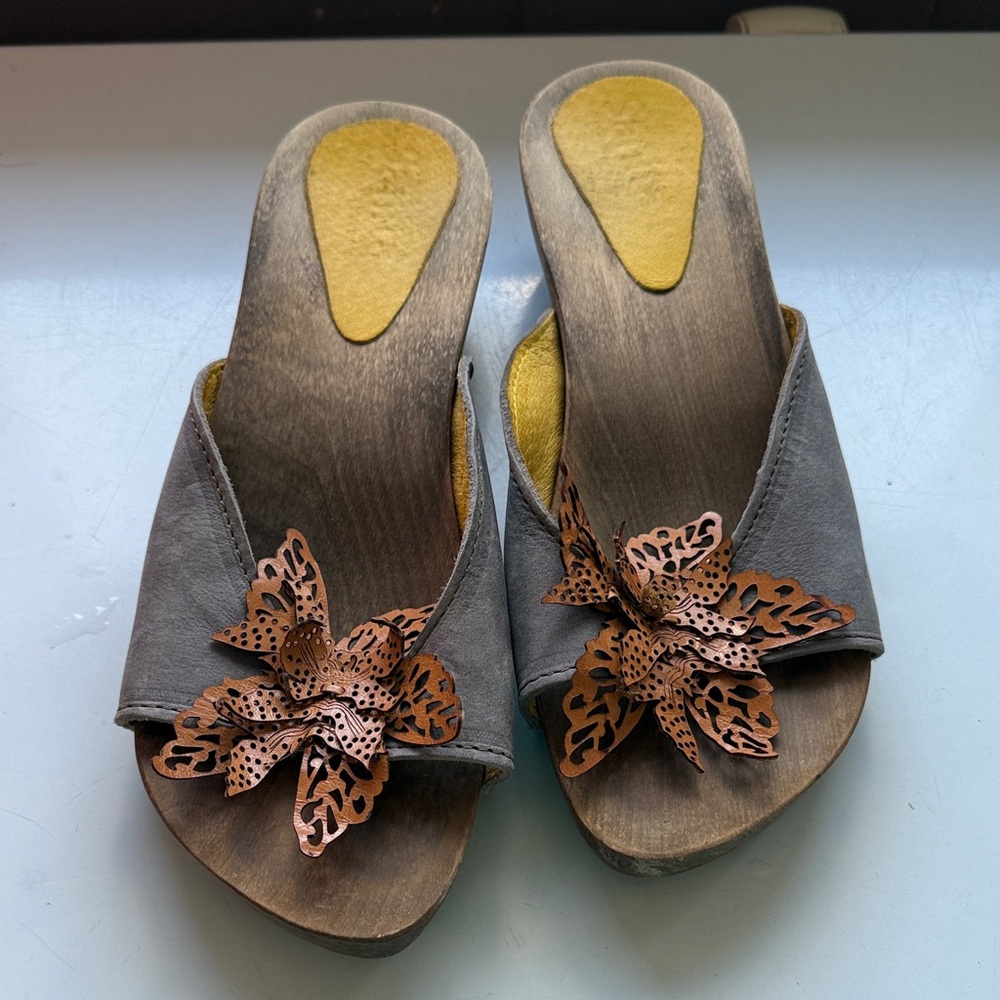Sanita Gray Sandals with Copper Floral Accent